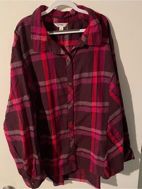 Terra & Sky Deep Plum and Magenta Striped Plaid Long Sleeve Button Shirt